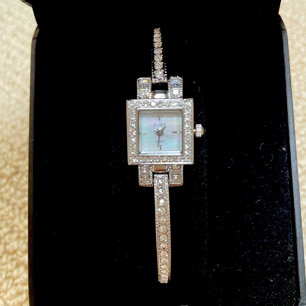Venus Silver Tone Pave Square Bracelet Watch